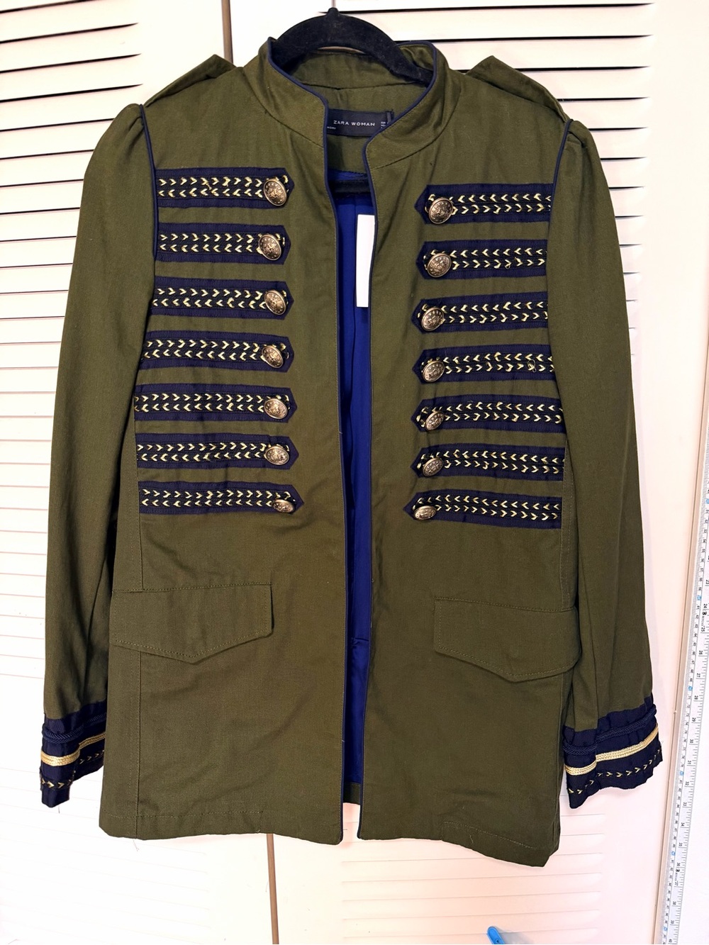 Zara Olive Green Military-Style Jacket with Navy & Gold Trim